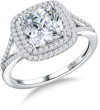RANDES Cushion Cut Cubic Zirconia Ring Sterling Silver Cz Rings for Women 4 Cttw Created-Diamond Engagement Wedding Rings Size 8 Christmas Jewelry