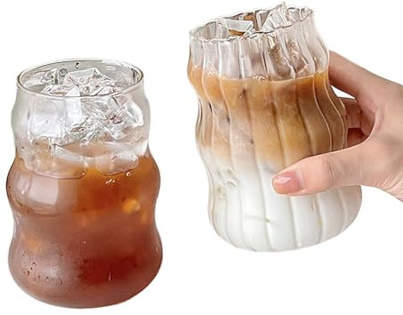 Naisicatar 2 pcs en Verre à café glacé, 530 ML Lunes de Boisson ondulée Tasses en Verre à café glacé Tasses de bière Verres de bière pour Eau de jus