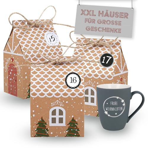 XXL DIY Adventskalender Häuser zum Basteln und Befüllen (25cm hoch) - 24 braune, bedruckte, faltbare Häuschen für große Geschenke wie Tassen, Handwärmer, Cremes etc.