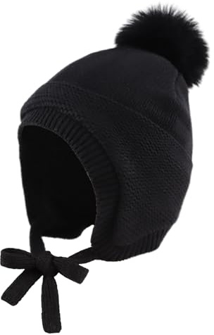 XIAOHAWANG Caldo Earflap Beanie Bambino Inverno Con Pom Pom - Cappello Con Pile per Ragazza e Ragazzo (2-5 Anni, Nero)