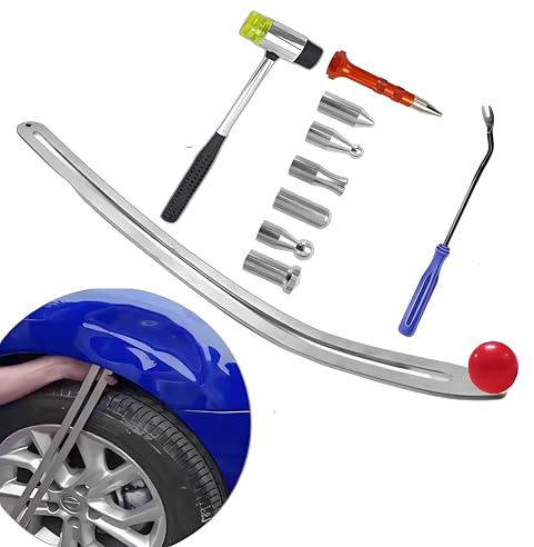 Car Dent Puller Kit, Manual Car Dent Remover PDR Kit, Auto Fender Paintless Dent Repair Tools with Big Curved Crowbar PDR Rod & Rubber Hammer for Motorcycle Metal Surfaces