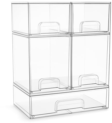 Sorbus Acrylic Storage Containers - 5 Pack, Stackable Storage Bins Set for Bathroom Organization - Clear Acrylic Drawer Organizers - Makeup Case Pull-Out Drawers (7.6’’ and 4.4’’ Tall and 12.1’’ Wide)