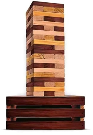 Giant Wooden Tower Stacking Game – 60 Weather-Resistant Jumbo Blocks in Premium Reclaimed Pine with Storage Crate/Table, Perfect for Holiday Family Fun, Outdoor Yard Play, Lawn Parties, Camping & BBQs