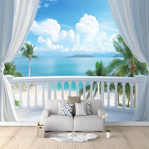 Wall Mural Tropical Beach Scenic Sea Clouds Non-Woven Art Print Photo Wallpaper Decor, Living Room Kitchen Dining Room Bedroom, Wallpaper 300 x 210 cm, White Blue Balcony View 3D Effect