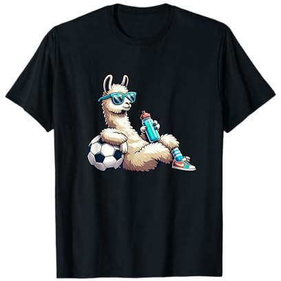 Cool Llama Soccer Player with Sunglasses and Water Bottle T-Shirt
