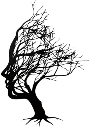 Abstract Tree Face Metal Wall Art Decor, Tree of Life Women Face Wall Hanging Sculpture, Modern Black Wall Art for Living Room, 30x21cm