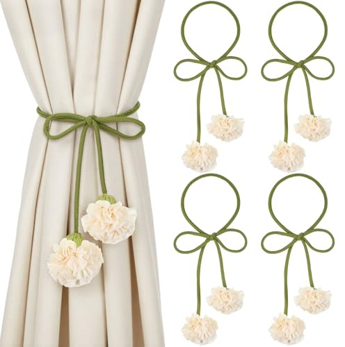 Tegeme 4 Pcs Curtain Tiebacks Flower Curtain Holdbacks Boho Floral Drapery Holdbacks No Drill DIY Decorative Ties for Home Office Wall Hangings Nursery Bedroom Decor
