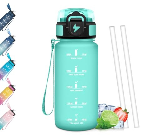 Mulbijeo Borraccia 500Ml, Senza BPA & A Prova di Perdita, Borracce con Cannuccia, Reutilizables, Borraccia Bambini, Apertura One-touch, Borracce Motivazionale per Scuola, Palestra, Ufficio, Lavorando