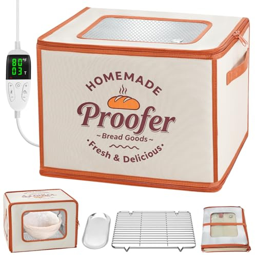 Foldable Bread Proofing Box, JOCXSPI 4-Sided Heating Dough Proofer for Sourdough Starter, 68–131°F Temp Control, 99H Timer, Metal Rack, Water Tray, Humidor for Pizza, Yogurt, Kombucha, Baking (Beige)