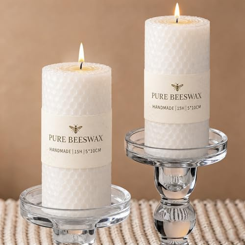 2Pcs White Beeswax Pillar Candles, 10-15 Hour Burning, 4.5cm W x10cm H