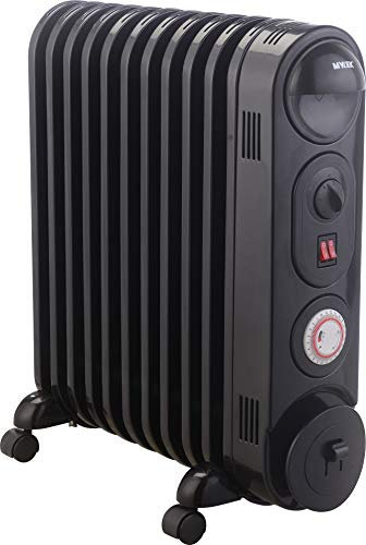 MYLEK Oil Filled Radiator Heater Electric, Portable 2.5KW Black, Thermostat and 24hr Repeat Timer, 3 Heat Settings, Unique Safe Panel Fin Design (2500W Black)