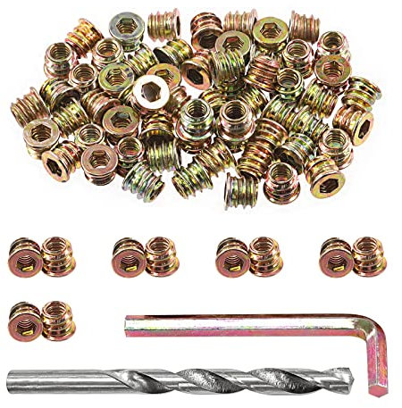 Swpeet 60Pcs 1/4-20 x 10mm Carbon Steel Color Zinc Plated Wood Inserts and 11mm Twist Drill with 1Pcs Wrench Assortment Kit, Bolt Furniture Screw in Nut Threaded Hex Socket Drive