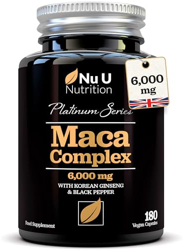 Black Maca Root 6000mg - 180 Vegan Capsules - Premium Peruvian Maca - Korean Panax Ginseng & Pepper - High Strength Complex for Men & Women - 6 Month Supply - Made in The UK - Nu U Nutrition