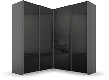 Rauch Möbel Quadra Schrank Eckschrank Schwebetürenschrank, Grau metallic-Hochglanz Effektgrau, Schwarz, 4-TRG., inkl. 2 Kleiderstangen, 12 Einlegeböden, BxHxT 181x210x187 cm