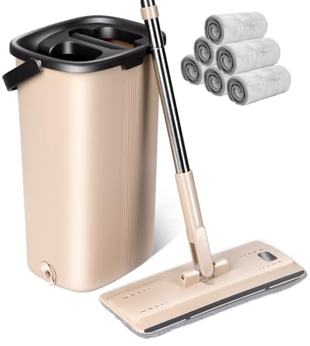 Masthome Mocio Lavapavimenti e Secchio Strizzatore, Mocio Lavapavimenti Professionale, Mop Piatto con Secchio per Pavimenti, Strizzatura a Mani Libere, con 6 Panni Riutilizzabili in Microfibra