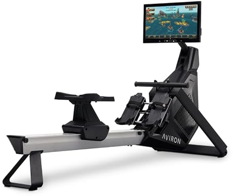 Aviron Strong Series Rower: 22 HD Touchscreen, Dual Air & Magnetic Resistance up to 100 lbs. Game-Based Workouts, Streaming, Compact Design, Black