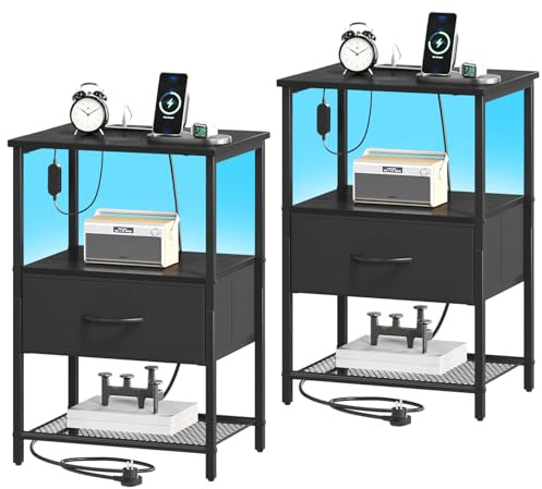Somdot Bedside Table Set of 2 with Charging Station and LED Light, Small Bed Side Table for Bedroom Dorm Kids Room Closet, 1 Drawer Bedside Cabinet with 2 Outlets and 2 USB Ports, Black