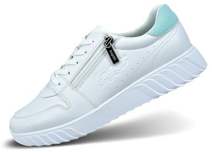 bugatti Damen-Weiße Sneakers mit Chunky Featherlight Eva-Sohlen, gestreifter Prägung, Reißverschlussdetail und dekorativen Perforationen weiß/hellgrün 38 EU