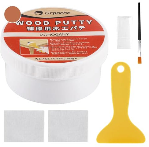 Holzkitt Reparaturset, 198g Holzspachtelmasse, Reparaturspachtel Wasserbasis für Türverkleidung Restore Tischschrank Böden Holzloch Schnelltrocknend Rissbeständig (Mahagoni)