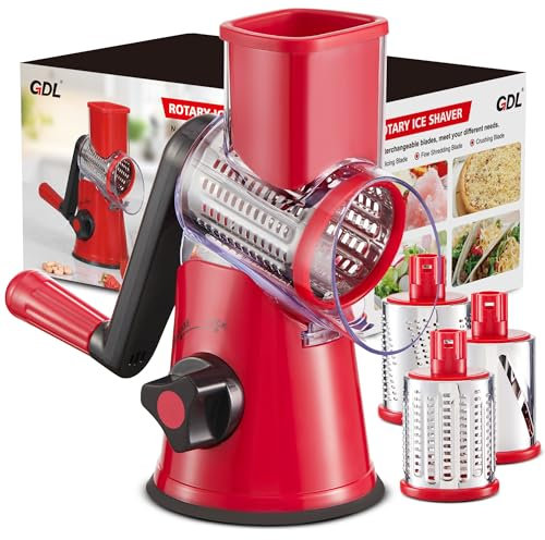 GDL Ice Crusher, Slushy Maker Maschine mit 3 Trommelmessern, Eiscrusher Manuell mit Kurbel Spülmaschinenfest und Schnellschnitt, Crushed Ice Maker Reibe für Eis, Slushy, Gurke, Karotte, Käse (Rot)