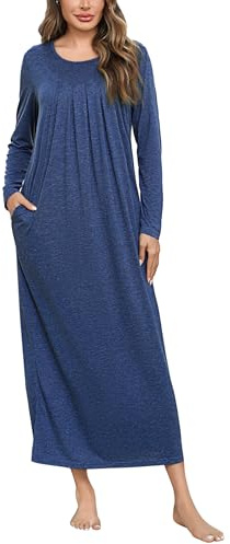 Leversic Long Nightdress for Women Round Neck Pleated Cotton Nighties Long Sleeve Ankle Length Long Nightgown Soft Sleep Dress(Dark Blue,XL)
