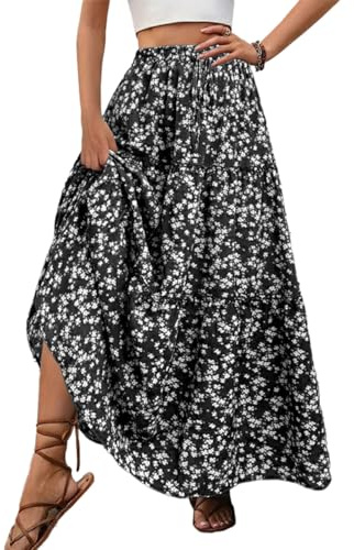 EMOTTOS Gonna Lunghe Estive Donna, Abito Boho Stampato Lungo Motivo, Floreale Casual Vita Alta Elasticizzato Gonne Swing Ballo Casual Estate Vacanza Vestito, Nero S