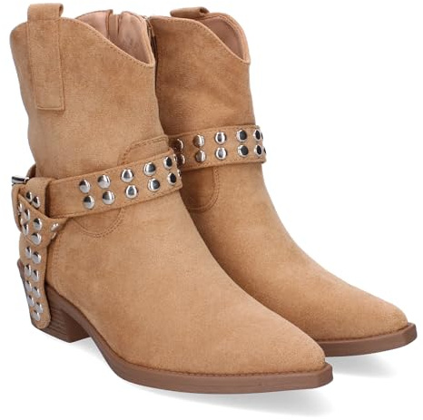 Bottine à talons pour femme style campagne, confortables et élégantes avec boucle décorative et clous, design moderne et polyvalent., beige, 40 EU