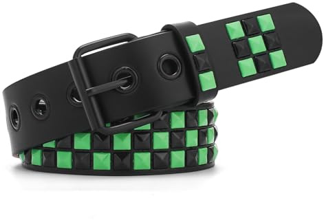 SNCEAW Studded Belt, Metal Punk Rock Rivet belt with Bright Pyramid Studded for Women Men (Green, Fit Pant 31-36 inch)