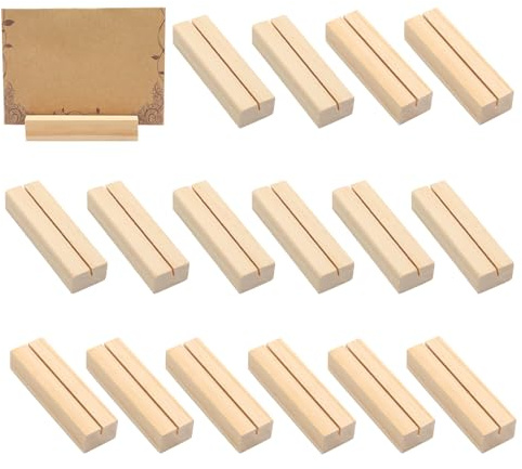 Juego de 16 soportes de madera para tarjetas de 10 cm, portatarjetas de mesa de madera natural para menús, fotos, postales y notas