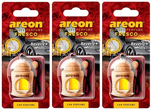 AREON Fresco Auto Duft Beverly Hills Hängend Glas Duftflakon Flakon Holz Set Anhänger Spiegel Schwarz 4ml (Pack x 3)