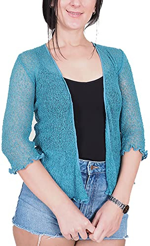 Mimosa damer virkat glitter eller vanligt stretch spets fisknät Bali slips vid midja Bolero kort kofta öppen kofta mörk blågrön, Mörk Kricka, One Size (Stor)