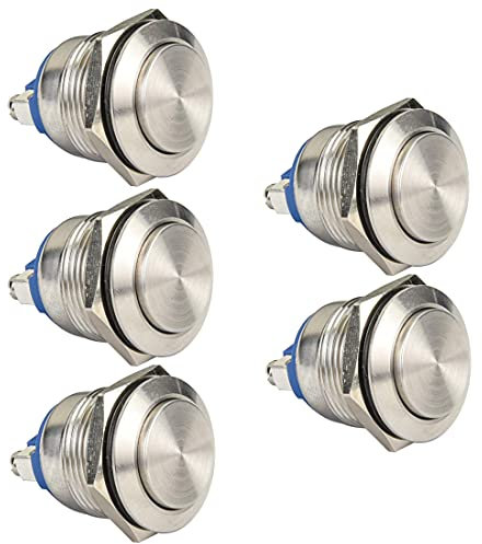 GUUZI 5pcs Pulsadores Momentáneos Impermeables de 22mm 5A 12V/24V/125V/250VAC con Terminales de Tornillo, Pulsador de Acero Inoxidable (Cabeza Alta)