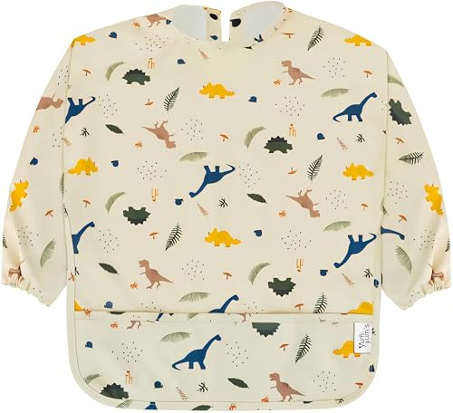 Yum Yum's Baby Coverall Silicone Weaning Bib - Waterproof, Easy Clean & Comfortable - Long Sleeve Bib for 6-12 Months - Multi-Functional Toddler Apron for Mess-Free Feeding - Dino Adventures in Cream