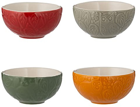 Mason Cash in The Forest Preparation Bowls | Set of 4 Stoneware Dishes | Woodland Embossed Design in Grey, Red, Green & Ochre | 175ml Capacity | Ideal Pinch Pots, Dip & Dessert Bowls