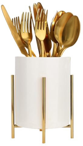 LOUIE SILNA Weißer Küchenutensilienständer mit Metallrahmen – Keramikbesteck- und Arbeitsplatten-Organizer