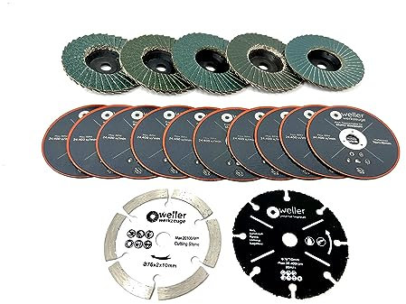 WELLERWERKZEUGE I 17-Piece Accessory Set Diameter 76 x 10 mm Suitable for Mini Battery Angle Grinder e.g. Bosch GWS 12 V 10.8 V Cutting Discs Flap Discs