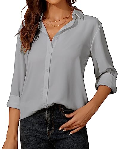 SPRING SEAON Camicetta da donna a maniche lunghe, in chiffon, con scollo a V, con bottoni, stile casual, da ufficio, da lavoro, Grigio, S