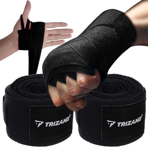 TRIZAND Bende per boxe con passante per il pollice e chiusura in velcro per stabilità e sicurezza, 2 x 4 m, cotone nero 23015