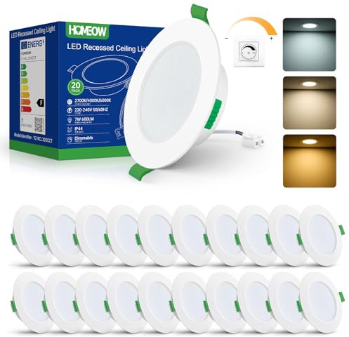 HOMEOW Spot LED Encastrable Dimmable 7W, LED Spot Etanche Salle de Bain 600LM IP44, Trou Φ75-90mm, Extra Plat 24mm, Spots Plafond Blanc Chaud 2700K, Blanc Neutre 4000K et Blanc Froid 6000K, Lot de 20