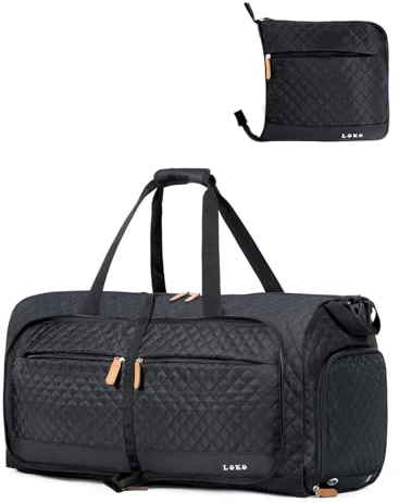Lekesky Borsone da Viaggio Borsone Palestra Donna Uomo 80L, Borsa da Viaggio Weekend Pieghevole con Scomparto Scarpe e Tracolla, Leggero Impermeabile Borse Bagaglio a Mano per Sportiva Ospedale, Nero