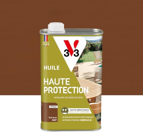 V33 Huile bois extérieur Haute Protection Teck brun mat - Pour mobilier de jardin - Haute résistance eau, UV et graisses - Sans essuyage et effet perlant - Résine d'origine végétale - 1L