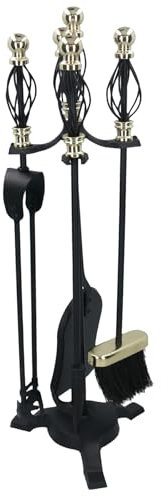 AB Tools Fireside Fireplace Brass Companion Set 5pc Brush Poker Shovel Tongs Log Burner