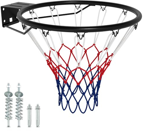 GYMAX Wall Mounted Basketball Hoop, Indoor Outdoor Basketball Rim Replacement with Net, Double Spring and Fixtures, Heavy-Duty Professorial Basketball Ring Goal for Kids Adults (Black, PE Net)