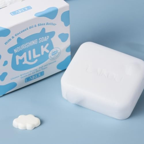 LAIKOU Milk Nourishing Soap Bar, 3 x 110g Handcrafted Soap with Shea Butter & Coconut Oil for Soft, Smooth Skin, Hydrating & Gentle Cleansing Bar, Bath Care for Men & Women, With Foaming Net