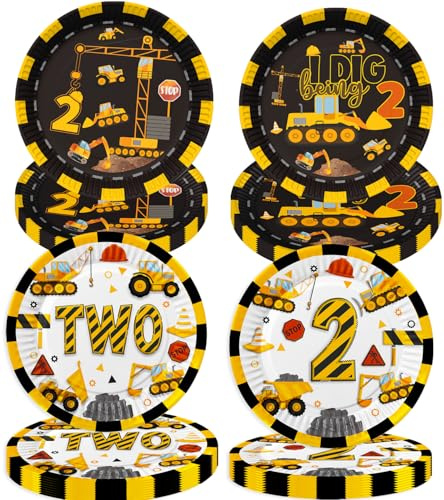 40 Pcs Construction 2nd Birthday Party Paper Plates Dump Truck Two Years Old Disposable Dinner Plates 4 Designs Tableware for Construction Theme 2nd Birthday Party Supplies Decorations