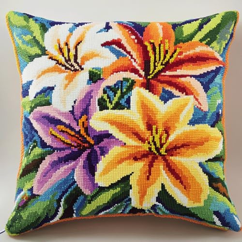 AMBATTERY Stickset Kreuzstich Kissen Set, Farbige Lilienblüten Kreuzstich Set Vorgedruckt Kissenbezug DIY Kissenbezug Zum Sticken Kreuzstich Kreuzstichkissen Zum Dekorieren 45 * 45cm
