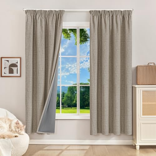Runyéla 100 % mörkläggningsgardiner, termiska gardiner, köldskydd, gardiner med veckband, 175 x 140 cm (H x B), set om 2, linneutseende, gardiner, ogenomskinliga, linne, glidande gardiner, vardagsrum