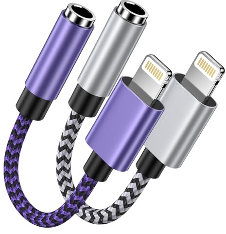 2 Pack Adaptador Auriculares i Phone,Adaptadors Lightning a Jack 3,5mm para Cascos Aux Audio,Adaptador para iPhone Cable de Audio Auxiliar Compatible con iPhone 14/13/12/11/Pro Max/XR/XS/8 Plus,i Pad