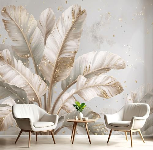 Papier Peint Panoramique Style Artistique Rétro 400x280cm Revêtement Mural Feuilles Abstraites Feuilles Bananier Tapisserie Panoramique Décoration Tableaux Muraux pour Chambre Salon Bureau, Gris