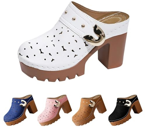 szvbofueck Zoccoli da donna con tacco, comodi, ortopedici, traspiranti, con plateau e plateau, in pelle, da donna, senza schiena, 36-43 EU, bianco, 38 EU
